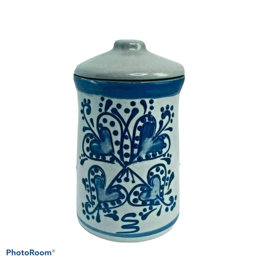 BBP 1994 Vintage Salt Glaze Stoneware Canister Blue Heart Hand Painted Crock Lid